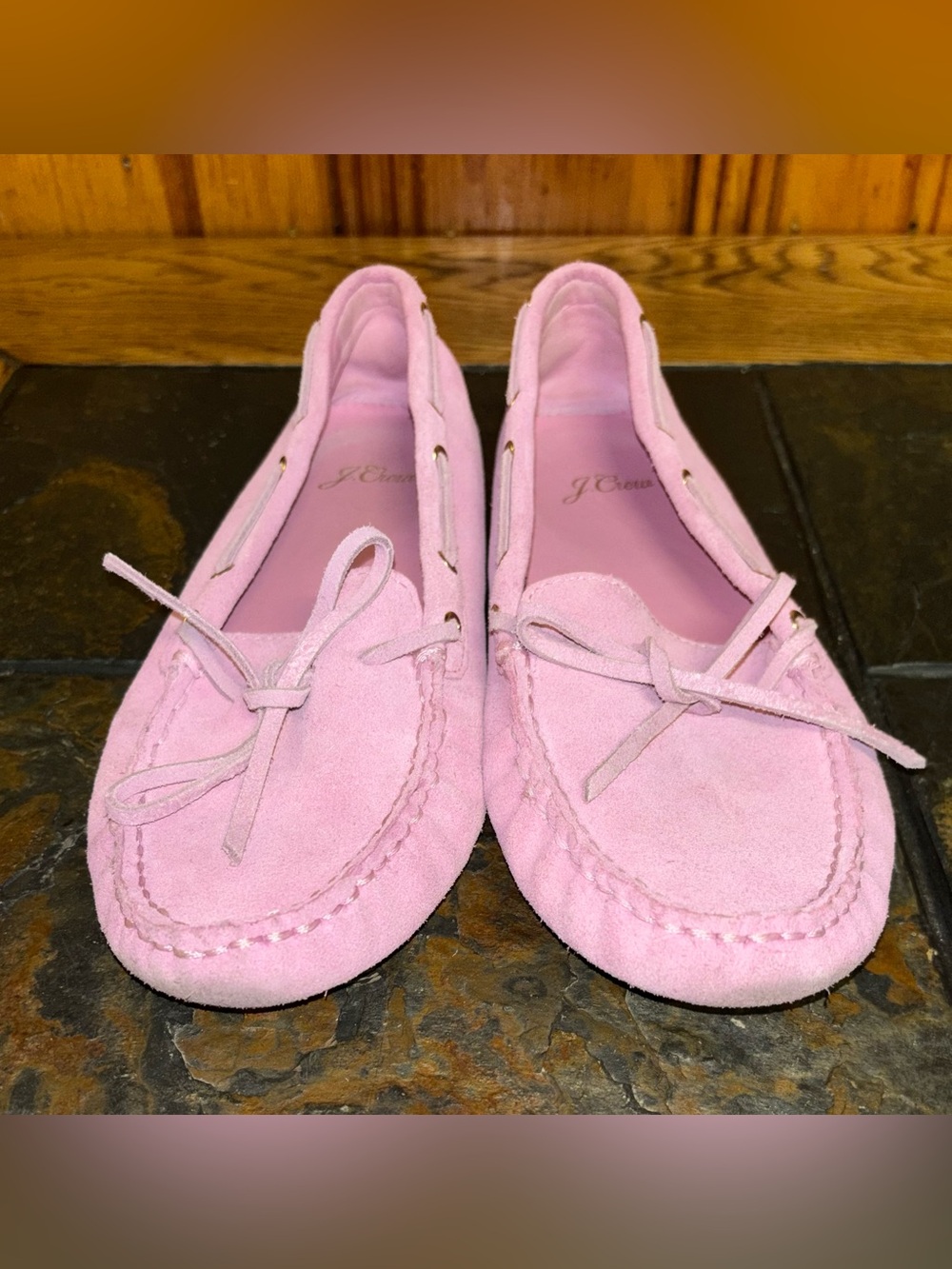 J. Crew Pink Suede Moccasins with Bow Detail